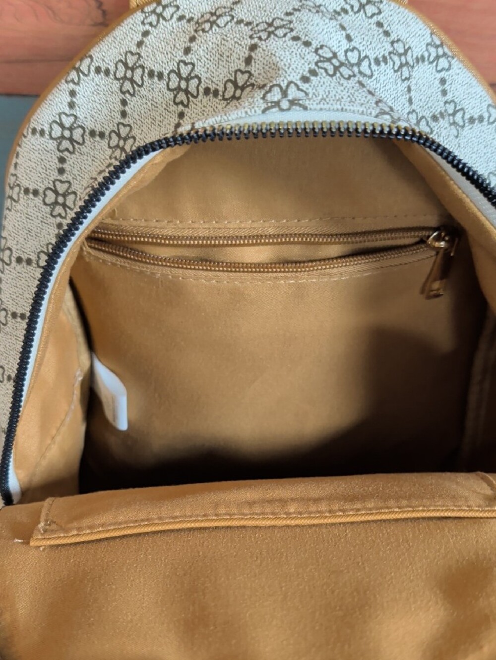 Cream Patterned Mini Backpack with Tan Trim - Picture 3 of 4